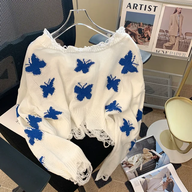 New Women Casual Loose Jumper Korean Fashion Graphic Butterfly Knitted Sweater Woman Sweet Oversized Cropped Off Shoulder Tops 2