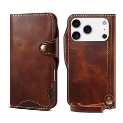Luxurious Vintage Cowhide Leather Flip Wallet Phone Case - iPhone 17 (Brown)