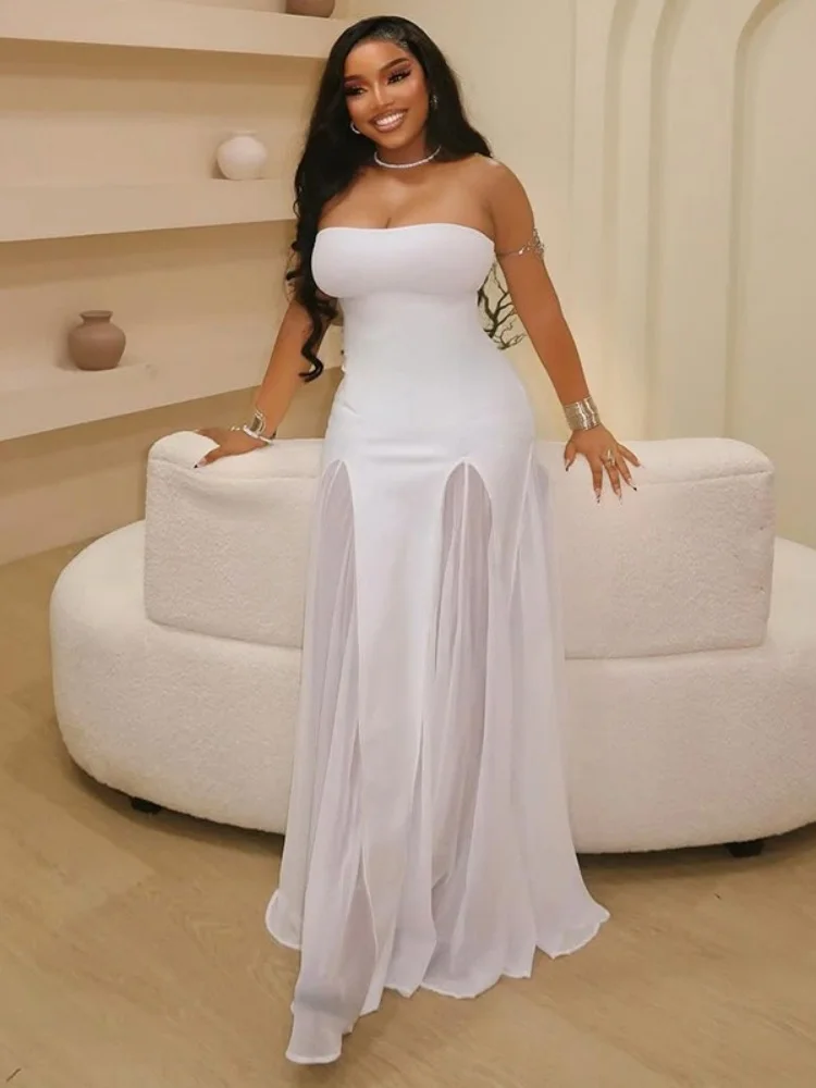 Wmstar Dress Women Wholesale Slightly Sheer Design Strapless Line Skirt Cinches Waist Look Slimmer One Neck Solid Color Trendy