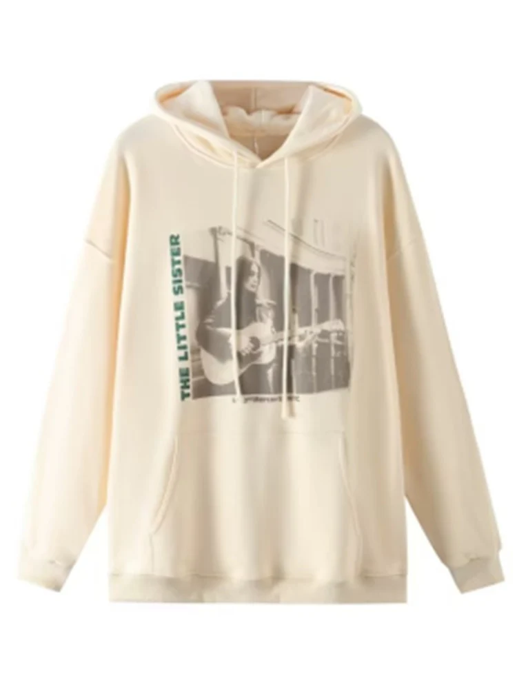 

UNUTH Casual Women Beige Guitar Girl Printed Loose Hoodies 2022 Autumn Fashion Hooded Long Sleeves Female Chic Pullovers