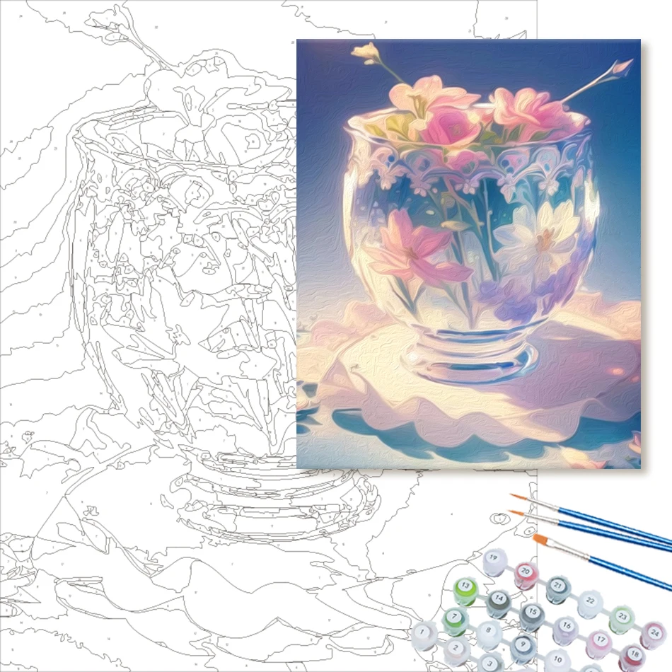 SDOYUNO 숫자 핑크 꽃 물병 그림 드로잉, 수제 수채화 디지털 그림 프레임, 벽 장식