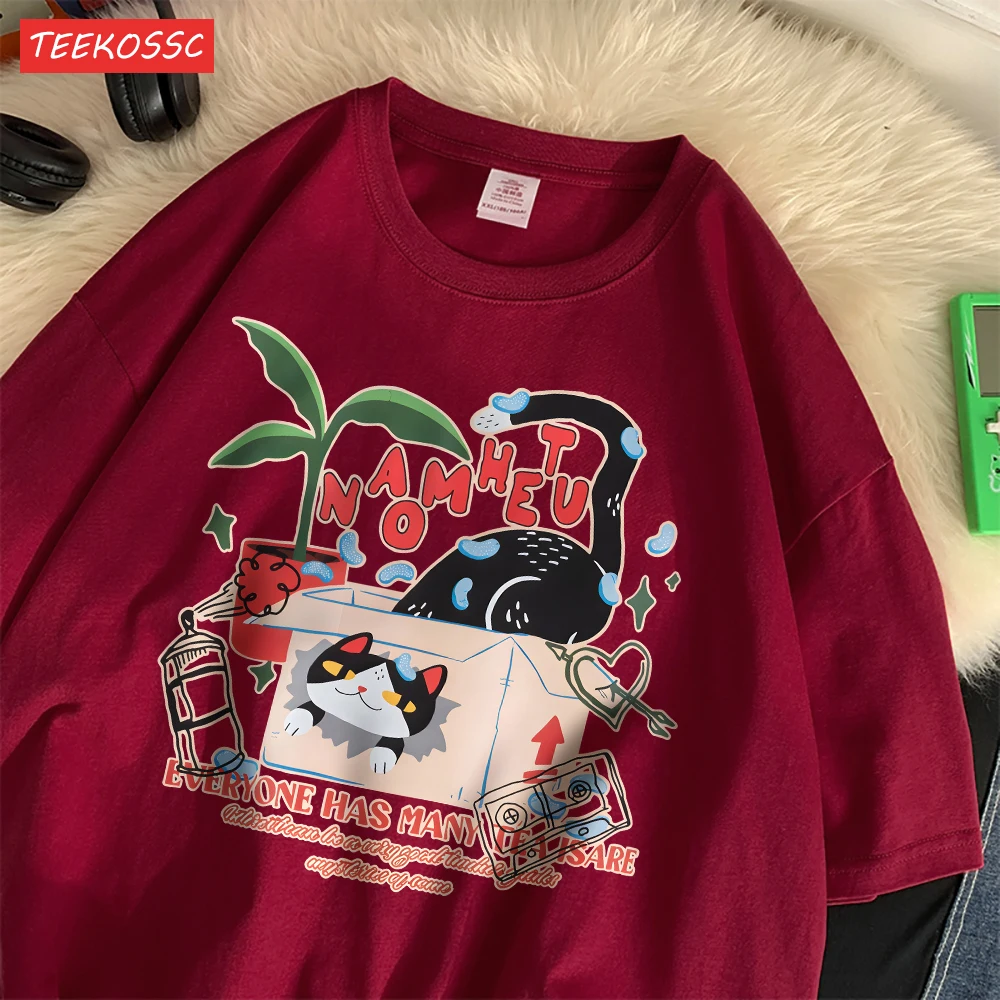 Straße Baumwolle frauen T-Shirts Retro Cartoon Katze Druck Tops Oversize Oansatz Weiche Kurzarm Sommer Casual Weibliche Kleidung – Detail 28