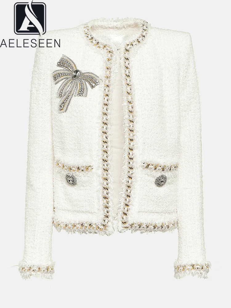 

AELESEEN High Quality Autumn Winter Coat For Women White Luxury Beading Pearls Diamonds Bow Elegant Cardigan Tweed Jacket Top