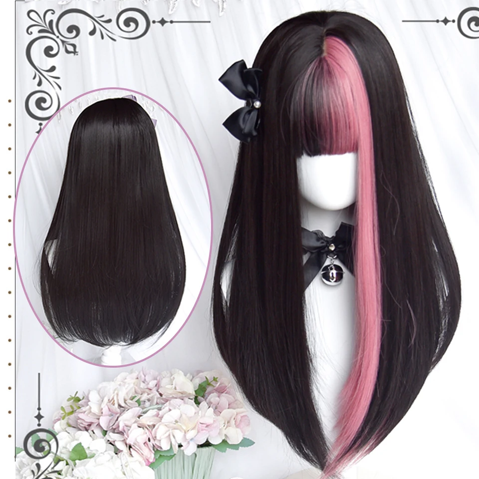 AS Long black mixed with red Synthetic Wig Cosplay Lolita Harajuku Wig With Bangs Natural Wavy Halloween red Daily Wigs