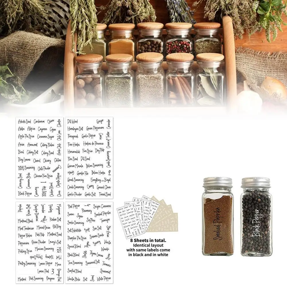 Transparent Spice Labels Preprinted Black White Letter Cans Waterproof Labels Stickers Seasoning Jars Kitchen Self-Adhesive D0F5