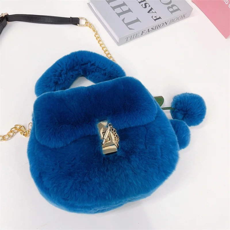 Women's Luxury Fur Bag New Rex Rabbit Fur Upscale One Shoulder Handbag Large Capacity Winter Cross Trend Fur Bag