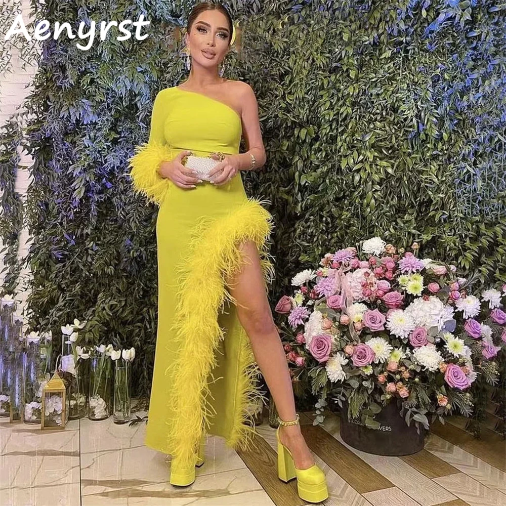 

Aenyrst Yellow One Shoulder Feathers Saudi Arabia Prom Dresses Mermaid Crepe Split Evening Gowns Ankle Length Dinner Party Dress