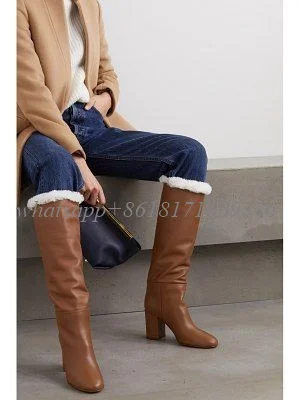 

Design Fur Leather Brown Chunky High Heel Boots Women Warm Round Toe Knee High Boots 2023 Gladiator Lady Fashion Shoes