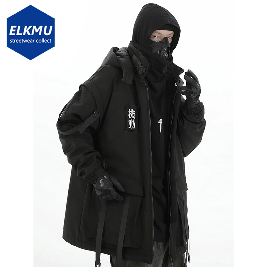 

Men Winter Hooded Parkas Fashion Streetwear Techwear Tactical Function Coats Thicken Warm Padded Jackets Black Windbreaker Coat