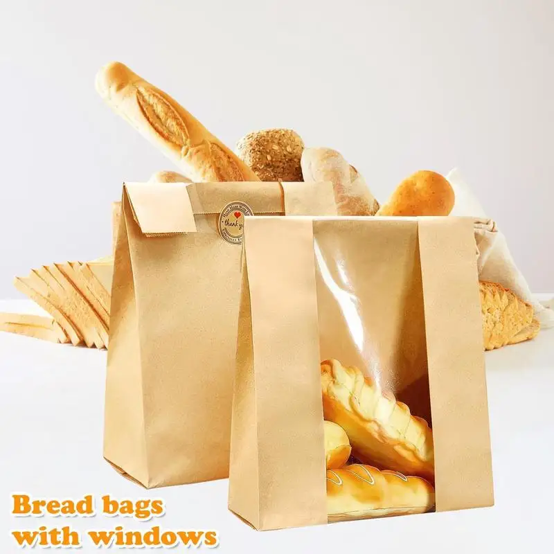 

New Bread Bakery Bags 50pcs Kraft Paper Bag With Window Bread Packaging Bag Handmade Toast Biscuit Candy Packing Bag With Stickr