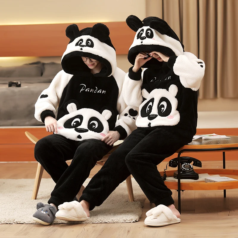 Winter Couple Pajamas Set Women Men Plush Soft Thicken Pyjamas Sleepwear  Korean Loose Homewear Cartoon Panda Pyjamas Suit
