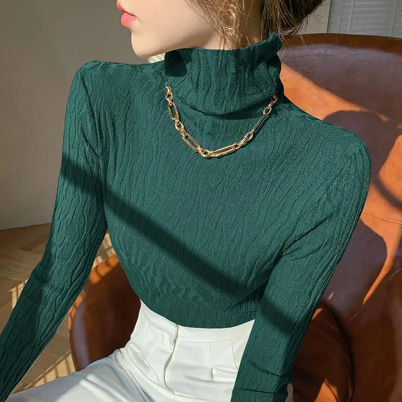 

Pile Collar Bottoming Shirt Women's Pullover Sweater Slim All-Match Long-Sleeved Warm Autumn And Winter Top Fine Imitation Wool