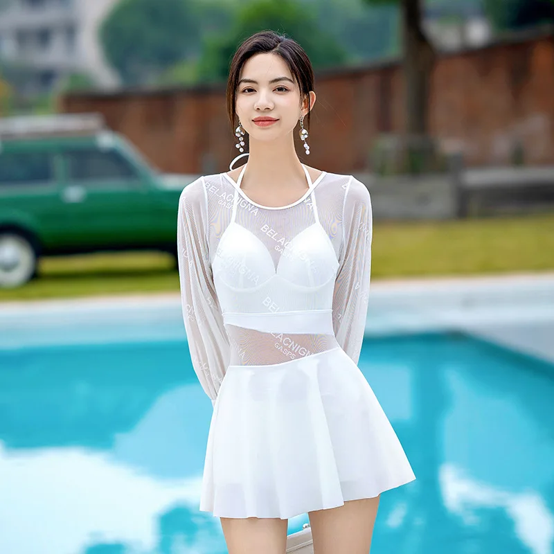 

New Women's White Black Skirt Siamese Steel Bracket Gathering Small Chest Hot Spring Vacation Swimsuit