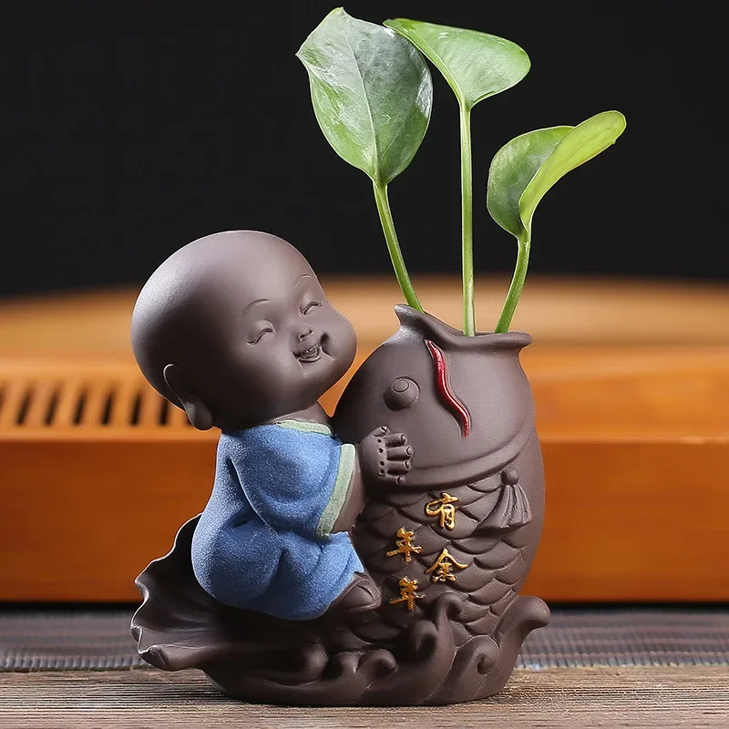 Fortune Lucky Little Monk Purple Clay Tea Pet & Mini Vase 3