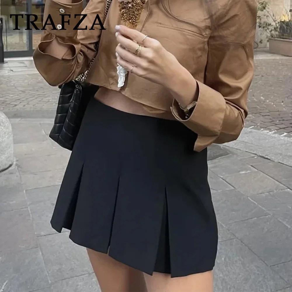 TRAFZA 2025 Spring Summer Women Casual Tierred Mini Skirts Fashion Vintage Solid High Wasit Ruffles Pleated Sexy Shorts Skirts 2
