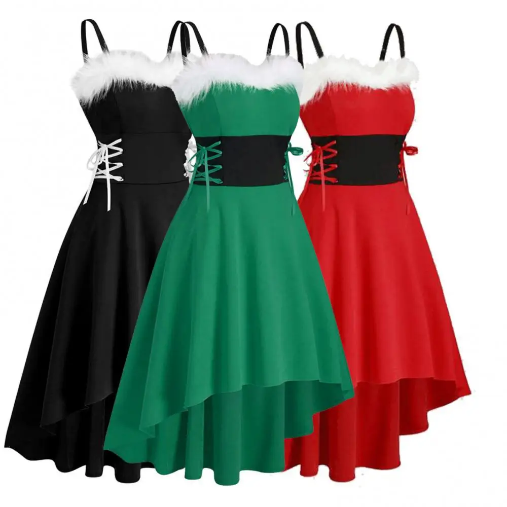 

Women Sleeveless Waist Tight Dress Autumn Shoulder Straps High Low Hem Party Dress
