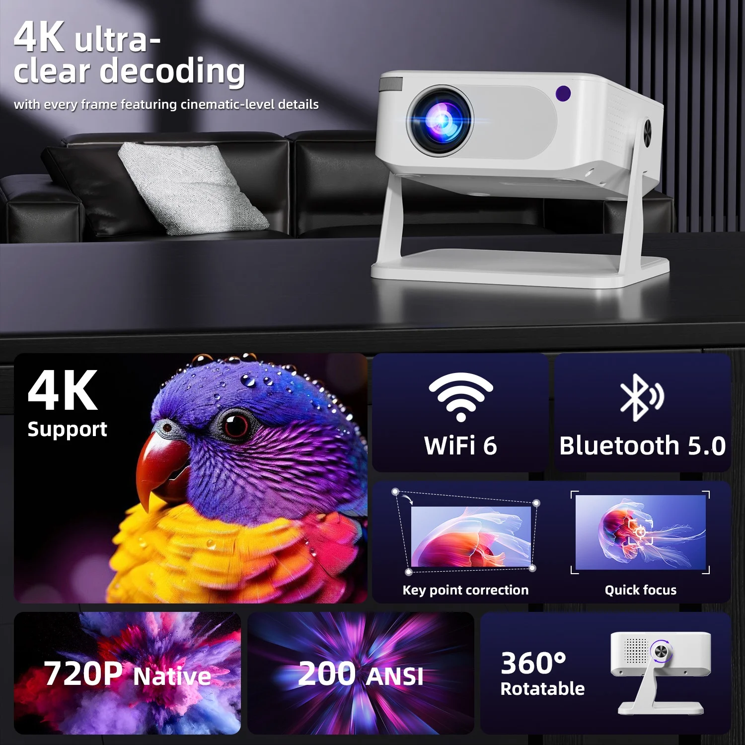XNANO HA109 휴대용 LED 프로젝터 (안드로이드 11 탑재, 720P 4K 비디오 지원, WiFi 6, BT5.0, 짐벌 마운트, 200 ANSI, 홈 시네마용)