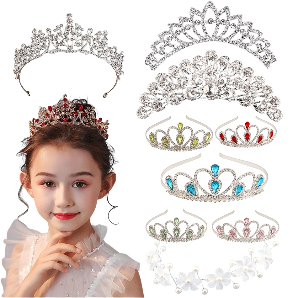 Princess Girls Wedding Bridal Crystal Crown Silver Diadem Veil Tiaras Wedding Hair Accessories Alloy Headpieces Head Jewelry