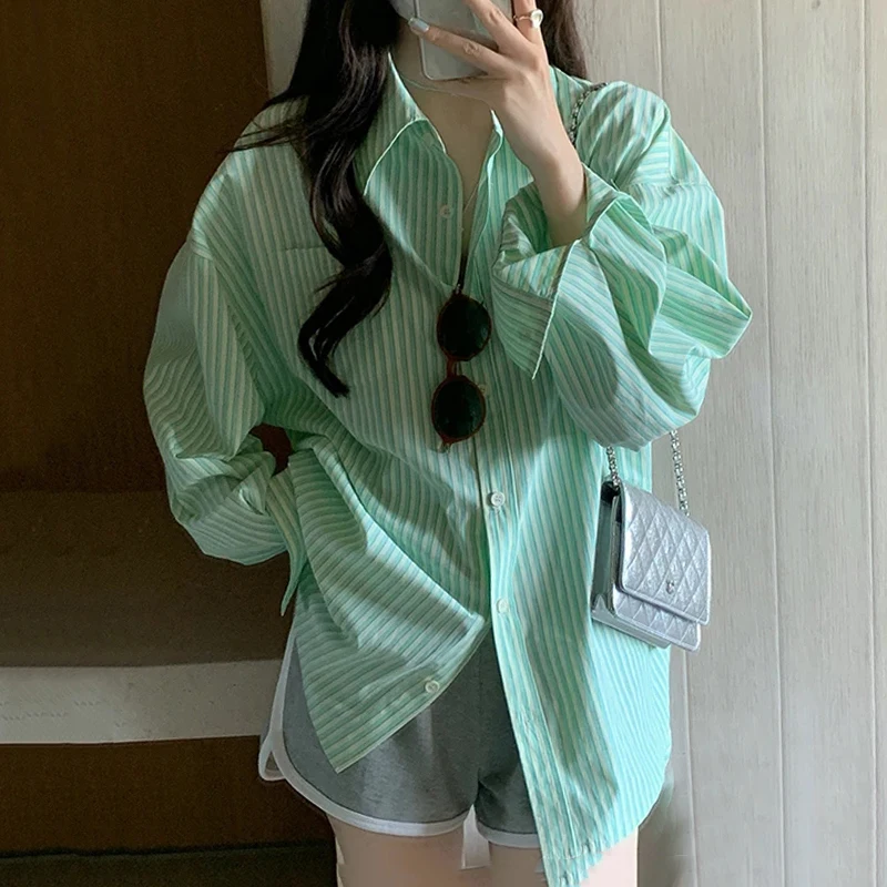 売れ筋商品|||ビーヤング シャツ レディース トップス BYFABIANNE STRIPE SHIRT - Blouse - iceberg green L.L. Bean Womens Medium Green Button Up Shirt Long Sleeve