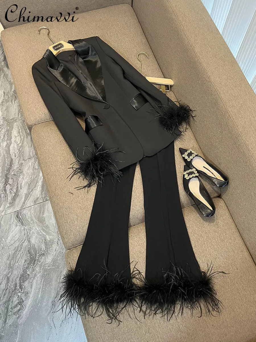 

2023 Spring New High-End Ostrich Feather Stitching Long Sleeve Suit Coat Trousers Commuting Elegant Ladies Two-Piece Set