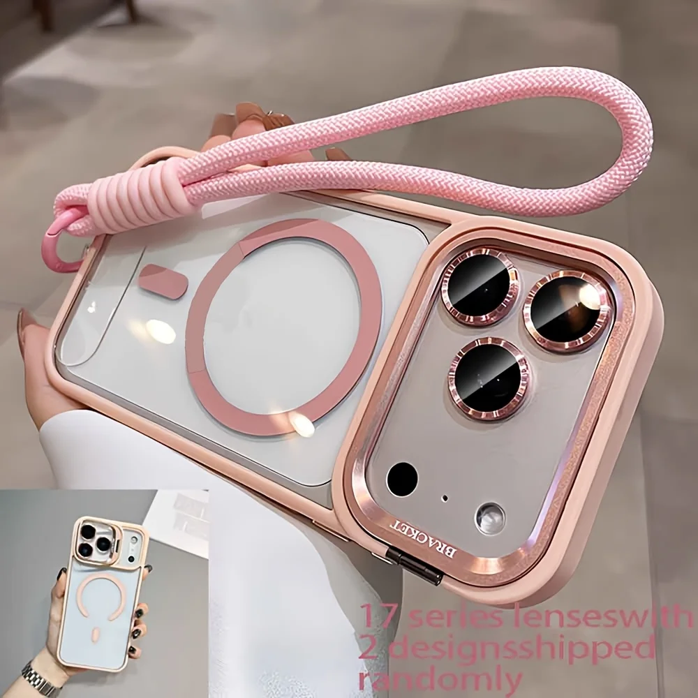Luxury Orange Lanyard Magnetic Wireless Charging Phone Case with Metal Lens Holder
