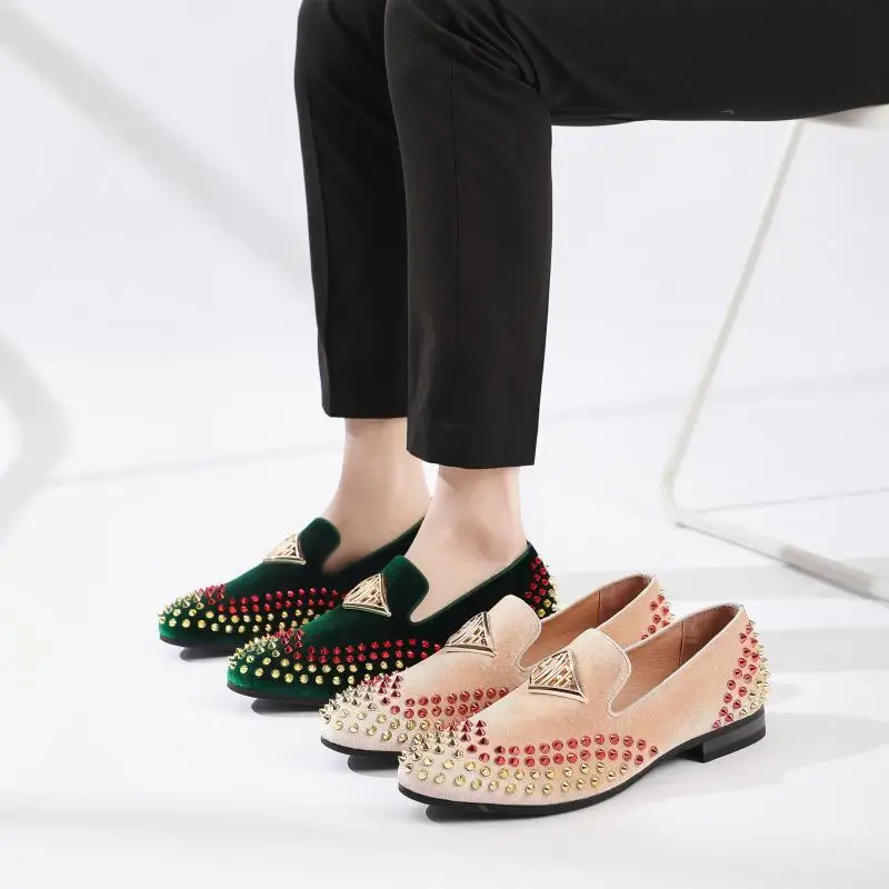XQWFH New Fashion Men dress shoes rivet Party Wedding Shoes Pointed toe flats Driving Shoes Loafers 6