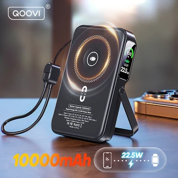 QOOVI Qi2 Wireless Power Bank 10000mAh – PD 20W Fast Charging Portable External Battery with Built-in Cable, TFT Digital Display, 3-in-1 Charger for iPhone, Samsung, iWatch & AirPods