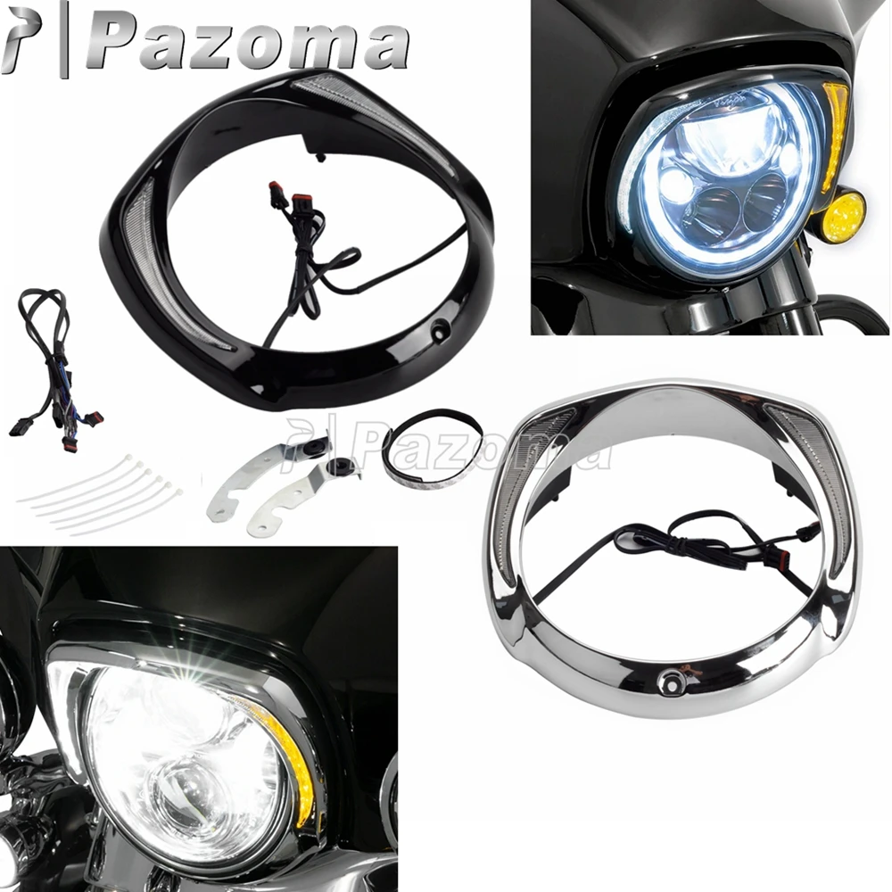For Harley Touring Trim Headlight Bezel Cover W/ LED Running Turn