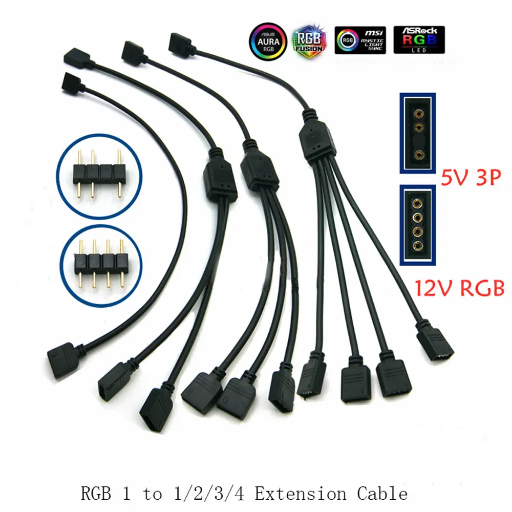thumbnail image 1 of Angitu 3pin/4Pin RGB ARGB SYNC 1 to 1/2/3/4/5 Fan LED Stripe Extension Cable Motherboard Light Control Hub For M/B ASUS GIGABYTE, 1 of 4