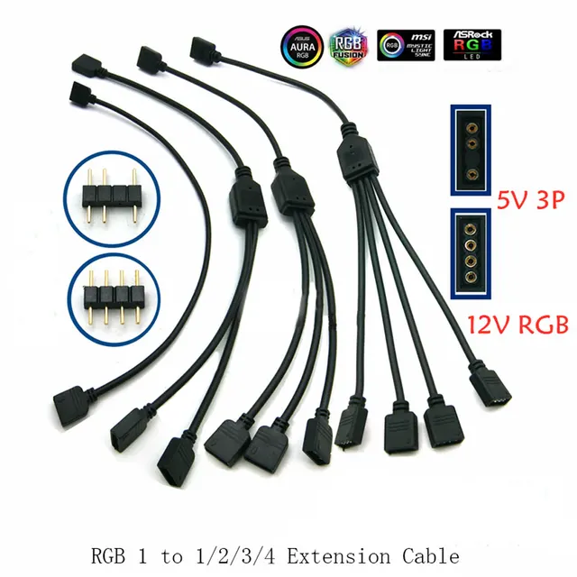Angitu RGB ARGB SYNC 1-1, 2, 3, 4/5 팬 LED 스트라이프 연장 케이블, 마더보드 조명 제어 허브, M/B ASUS GIGABYTE용, 3 핀, 4 핀