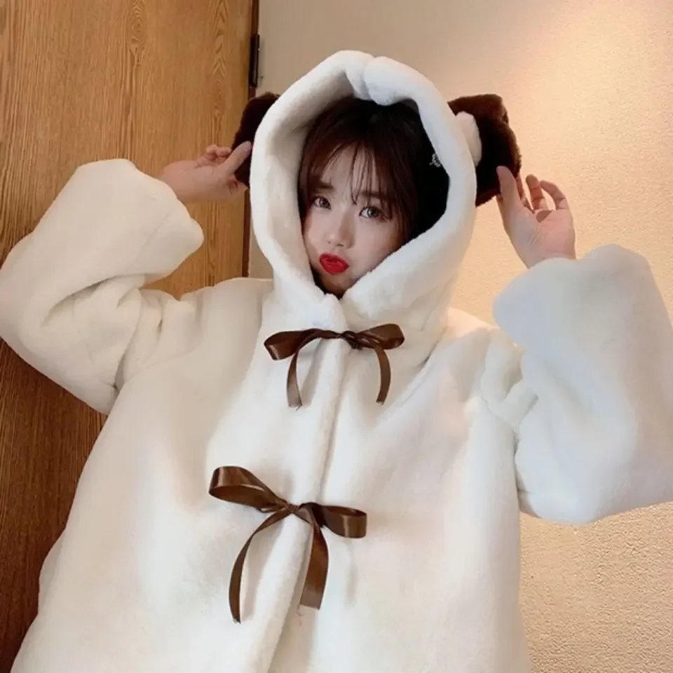 Fur Jacket Women Bear Ear Plush Jacket 2024 Winter New Korean Fashion Cute Preppy Style Oversized Hooded Loose Kawaii Fluffy