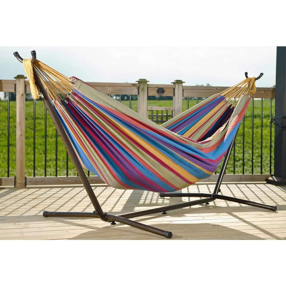 

Double Cotton Hammock with Space Saving Steel Stand, Tropical (450 lb Capacity - Premium Carry Bag Included) Hammock