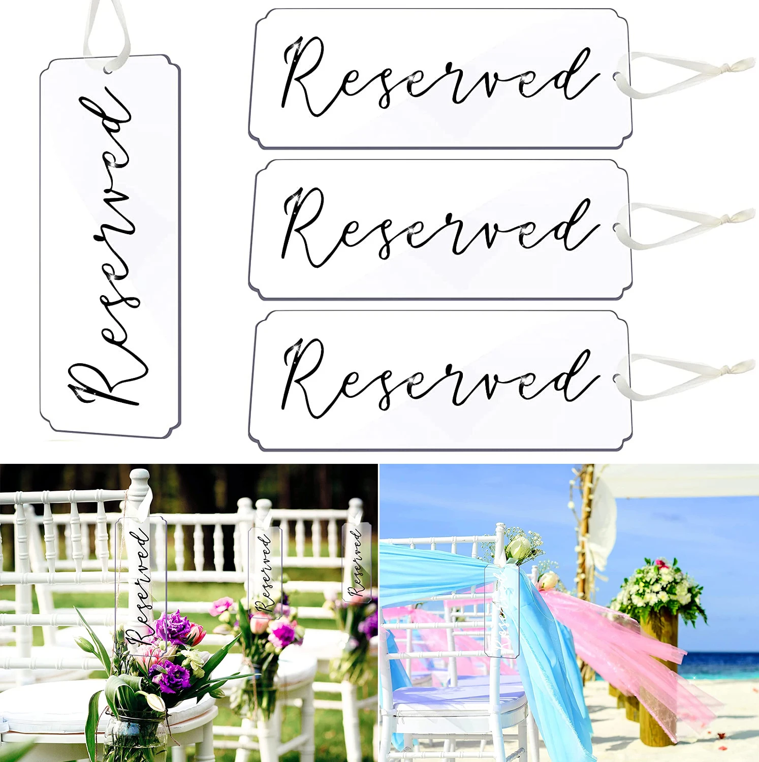 

Clear Acrylic Blank Tag Reserved Sign for Wedding Chair Tag Hanging with Ribbon for Party Event Church Pew Chair and Restaurant
