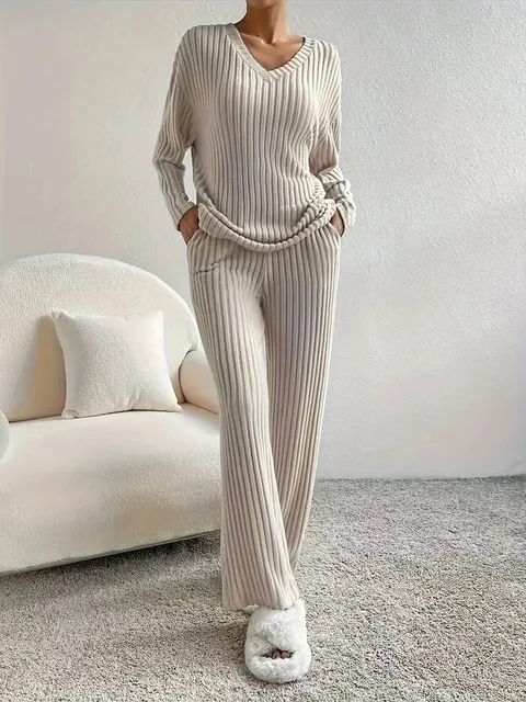 Autumn Winter 2 Pieces Pajamas Set for Women Sleepwear V-neck Ribbed Knit Tops and Trousers Homewear Casual Outfits
