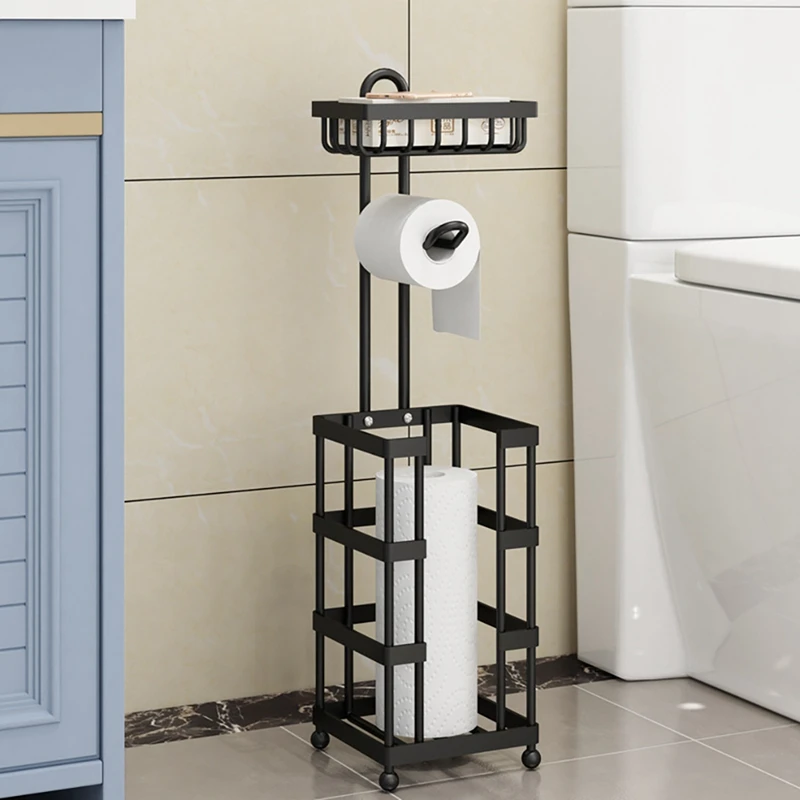 

Multi-Functional Toilet Paper Roll Tissue Holder Stand Bathroom Free Standing Storage Bathroom Accessories Black