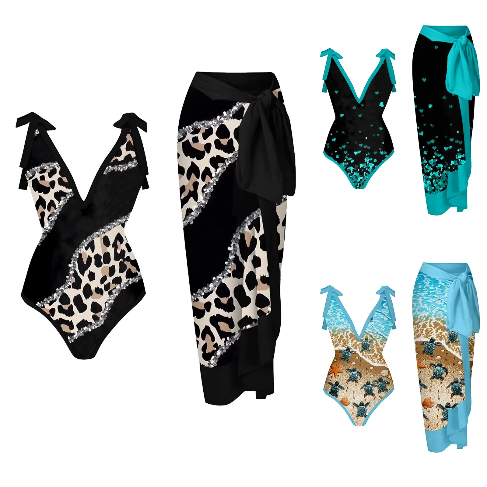 

Women 1 Piece Swimwear+1 Piece Cover UP Two Piece Vintage Print Swimsuit Monokini Bikini 2 Short Set Bathing Suit for Women