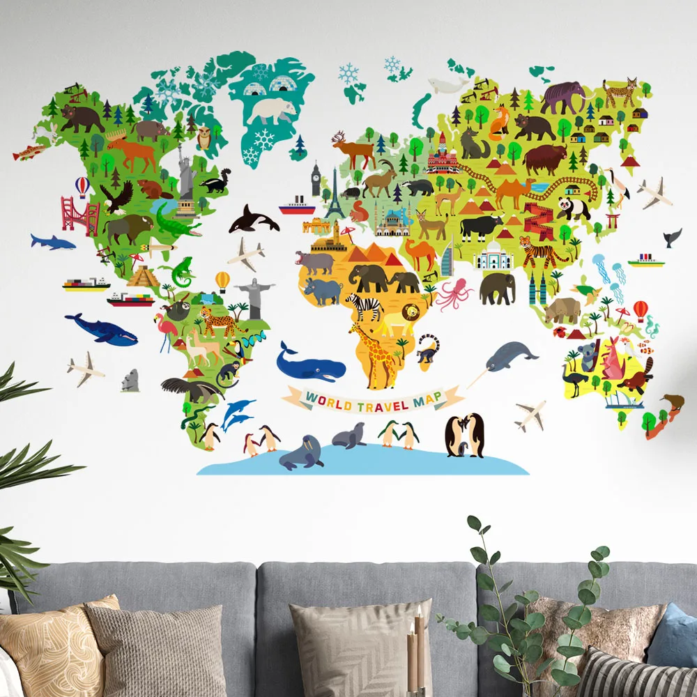 World Travel Map Block Wall Stickers for Display Window Nursery Study Room