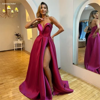 Sansa Dubai Pink V Neck Side High Split Prom Dresses Long Train Customized فساتين سهرات Exquisite vestido de gala noche mujer