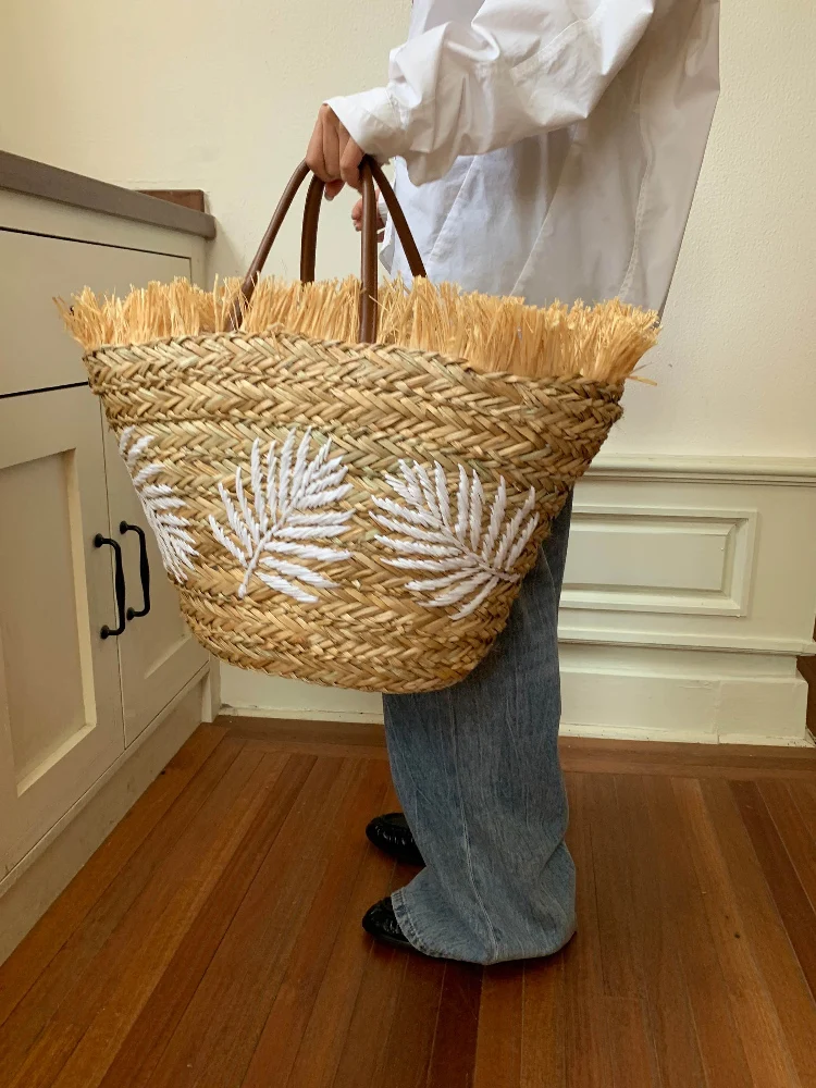 Summer Stripe Tote Bag Straw Bag Women's New Beach Seaside Outdoor Travel Vacation Large Capacity Shoulder Bag Portable Basket