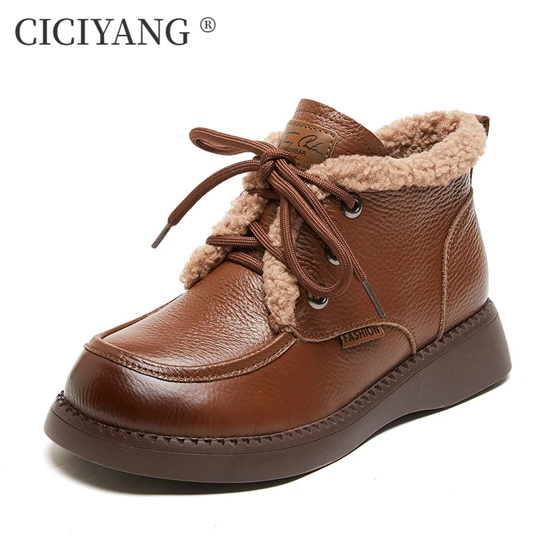

CICIYANG Winter Boots for Women Genuine Leather 2024 New Lace-up Ankle Boots Ladies Anti-slip Booties Plush Loafers Handmade