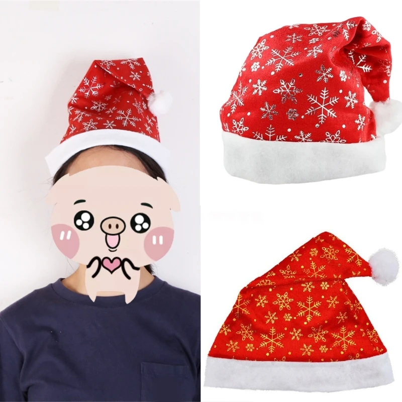 

Adult Gild Snowflake Pattern Santa Hat Windproof Hat Traditional Red Christmas Santa Hat for Teens New Year Presents