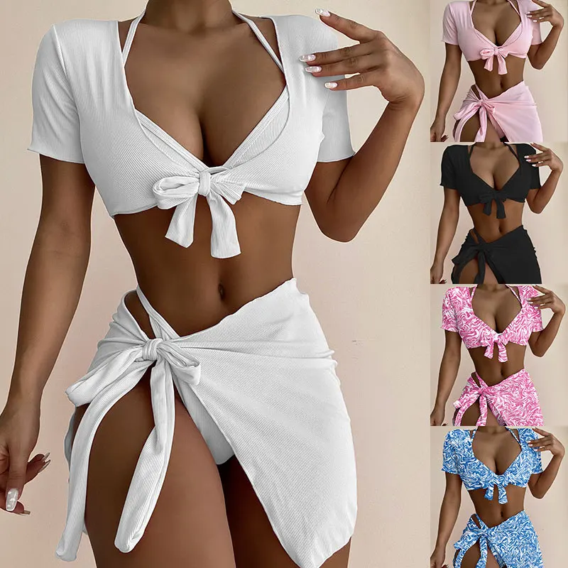 Women's Swimsuit 2022 Summer New Bikini Sexy Holiday Style Split 4-piece Printing Quick Dry Lady Swimwear Short Sleeve Cover Up