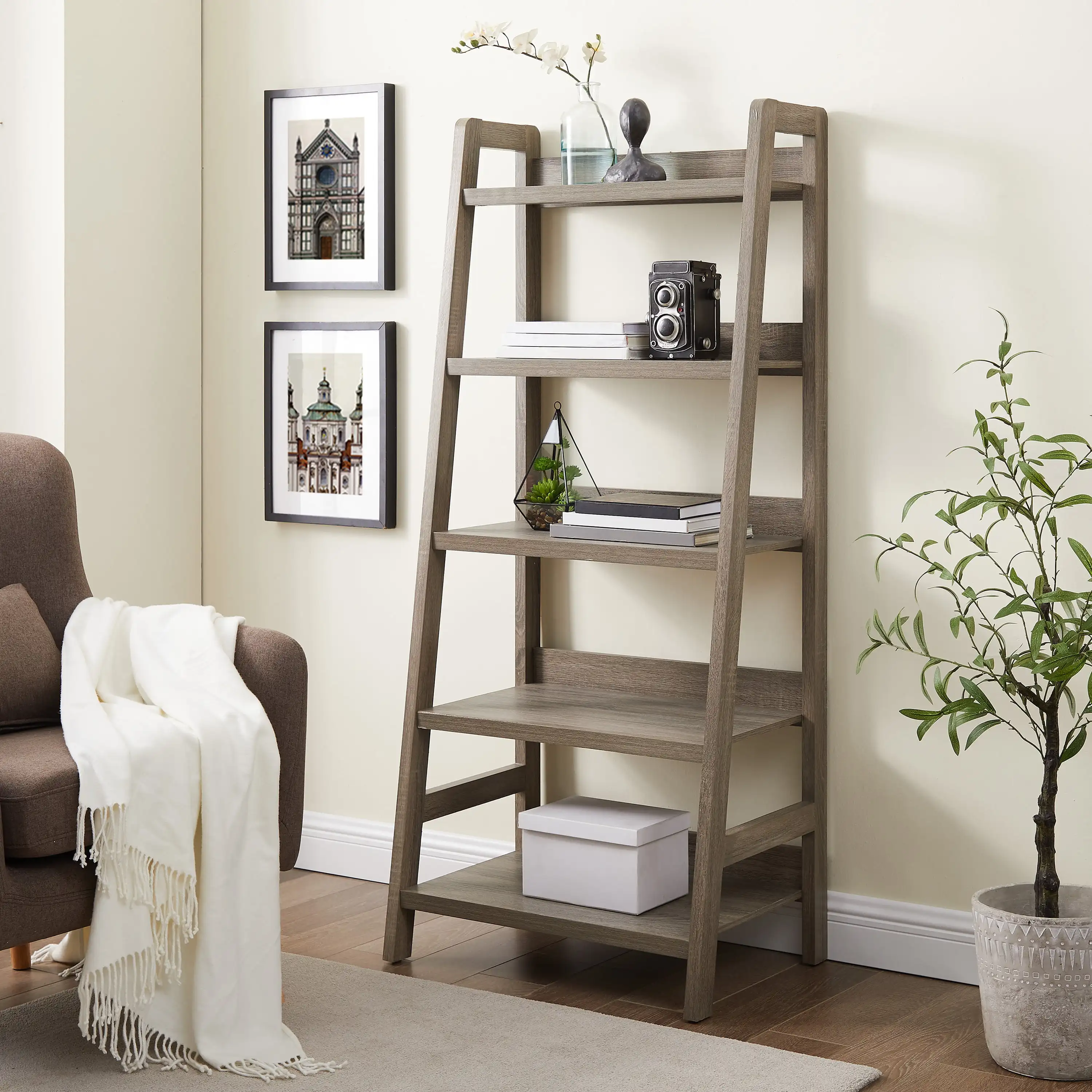

Linon Myrtis 5-Shelf Ladder Bookcase, 60.38" Tall, Gray Finish