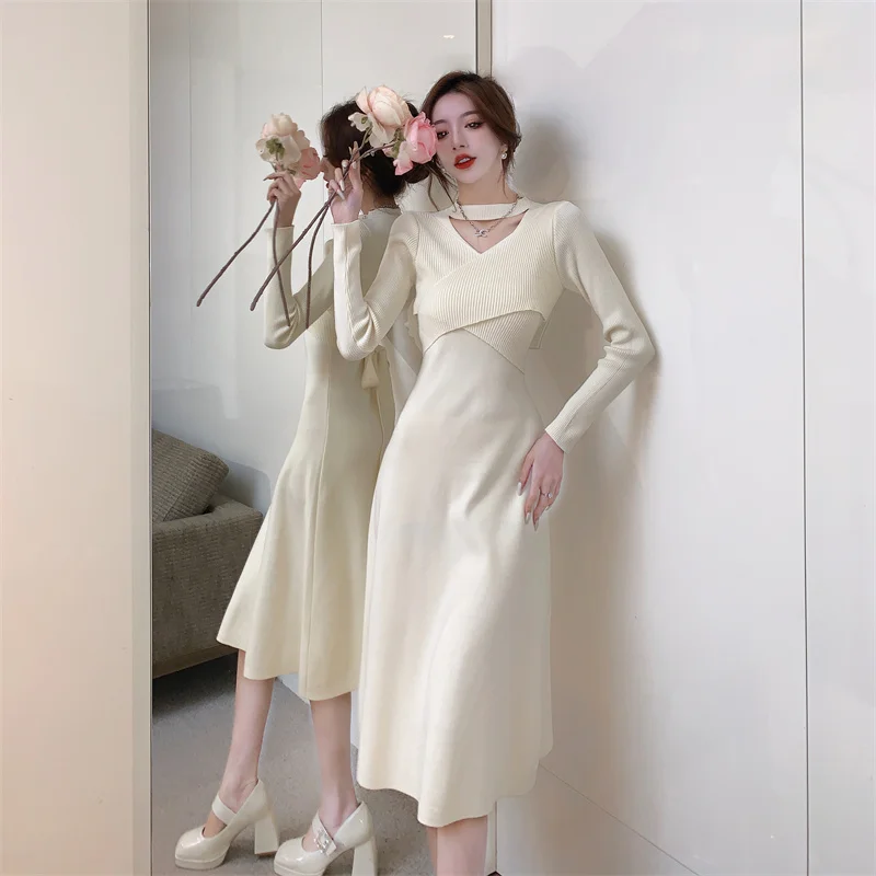 

2023 новые весенние Трикотажные длинные платья с длинным рукавом, женские осенне-зимние облегающие пуловеры с вырезом, приталенное платье, женская одежда