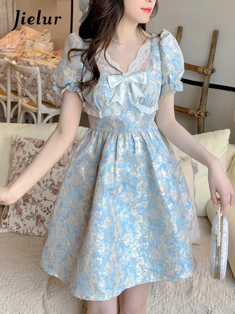 

Jielur Puff Sleeve Lolita Mini Dress Women Casual Kawaii Clothing One Piece Dress 2022 Summer Elegant Vintage Short Party Dress