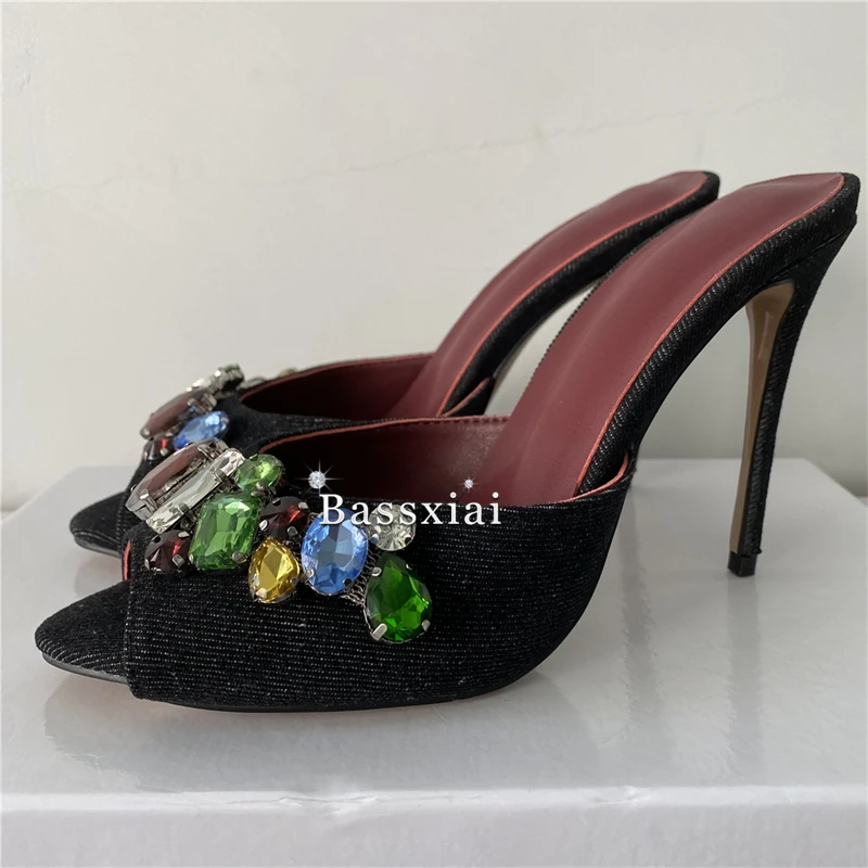 Luxury Diamond Rhinestone Buckle Sandals Women 10cm Stiletto Heel Denim Blue Slingbacks Summer Mules