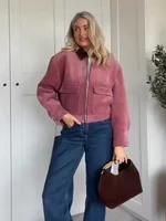 Veste en velours côtelé pour femme avec col en cuir patchwork, fermeture éclair, style décontracté urbain, color block, pour dames 6