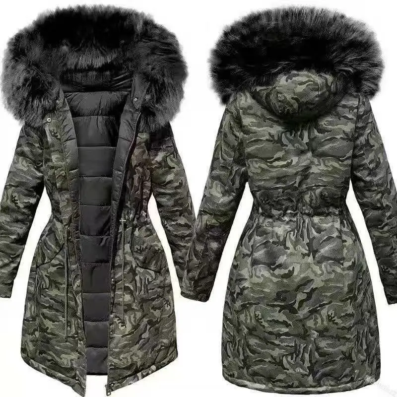 

Winter plush and thick coat for women with large fur collar and medium length camouflage cotton jacket