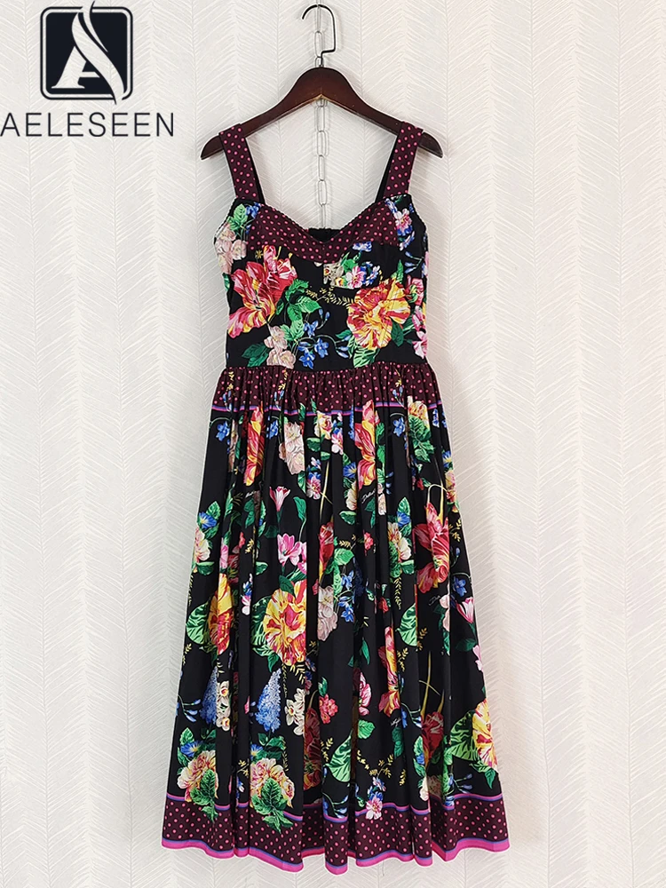 

AELESEEN Sicilian Summer 100% Cotton Dress Women Spaghetti Strap Dots Flower Print Colorful Elegant Long Beach Poplin Camisole