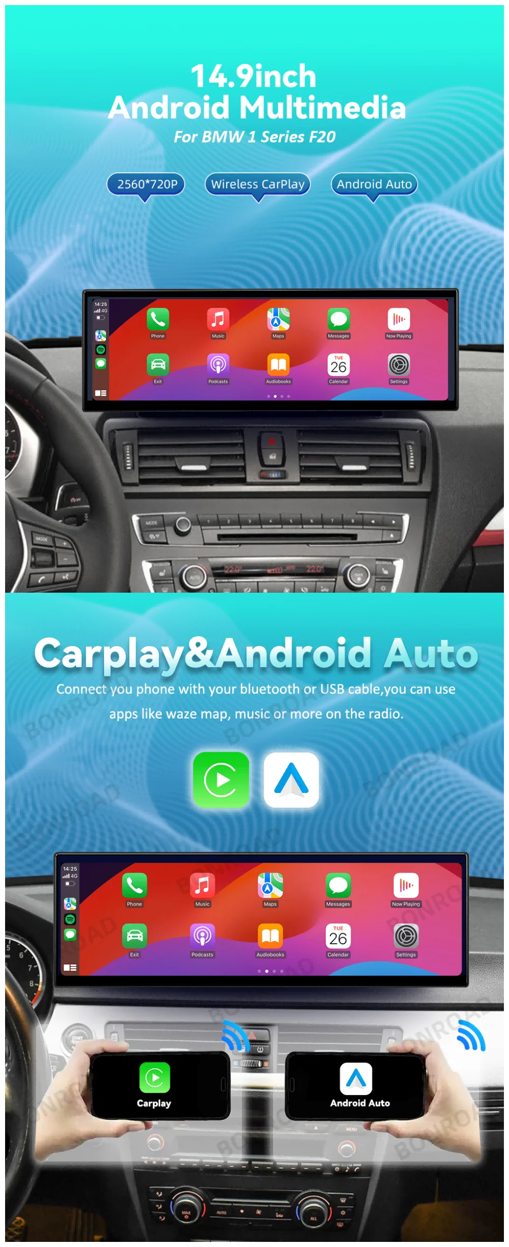 BONROAD 14,9 Zoll 2560*720P Display Touchscreen für BMW 1er F20 Kabelloses und Kabelgebundenes Carplay Autoradio GPS Navigation Multimedia – Detail 1